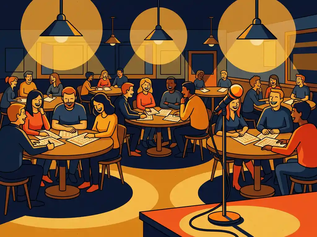 Gezellig pubinterieur ingericht voor een bedrijfsquizavond, met teams aan ronde tafels over antwoordbladen gebogen en een quizmastermicrofoon vooraan.