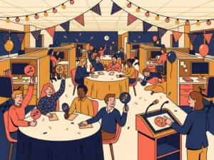 Colegas num escritório decorado de forma festiva, com placas de quiz erguidas, guirlandas e luzes quentes; ilustração vetorial plana.