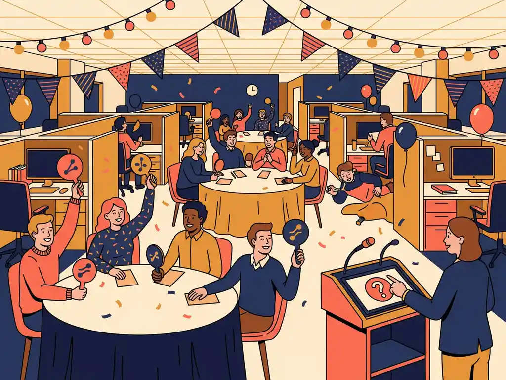 Collega's in een feestelijk versierd kantoor met quizbordjes omhoog, slingers en warm licht, vlakke vectorillustratie.