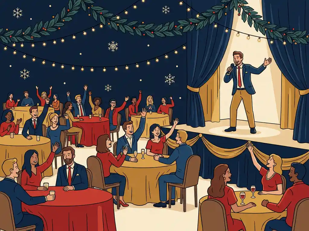 Quizmaster met microfoon op verlicht podium tijdens bedrijfsfeest, collega's lachen en steken handen op rond feestelijk gedekte tafels.