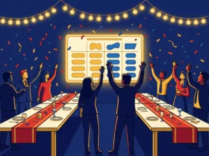 Colleagues cheering by an illuminated quiz board during a festive company party with streamers, drinks and warm lights.