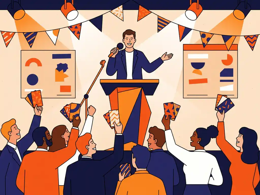 Quizmaster met oversized microfoon aan podium leidt vrolijk bedrijfsfeest met collega's, scorekaarten en slingers op de achtergrond.