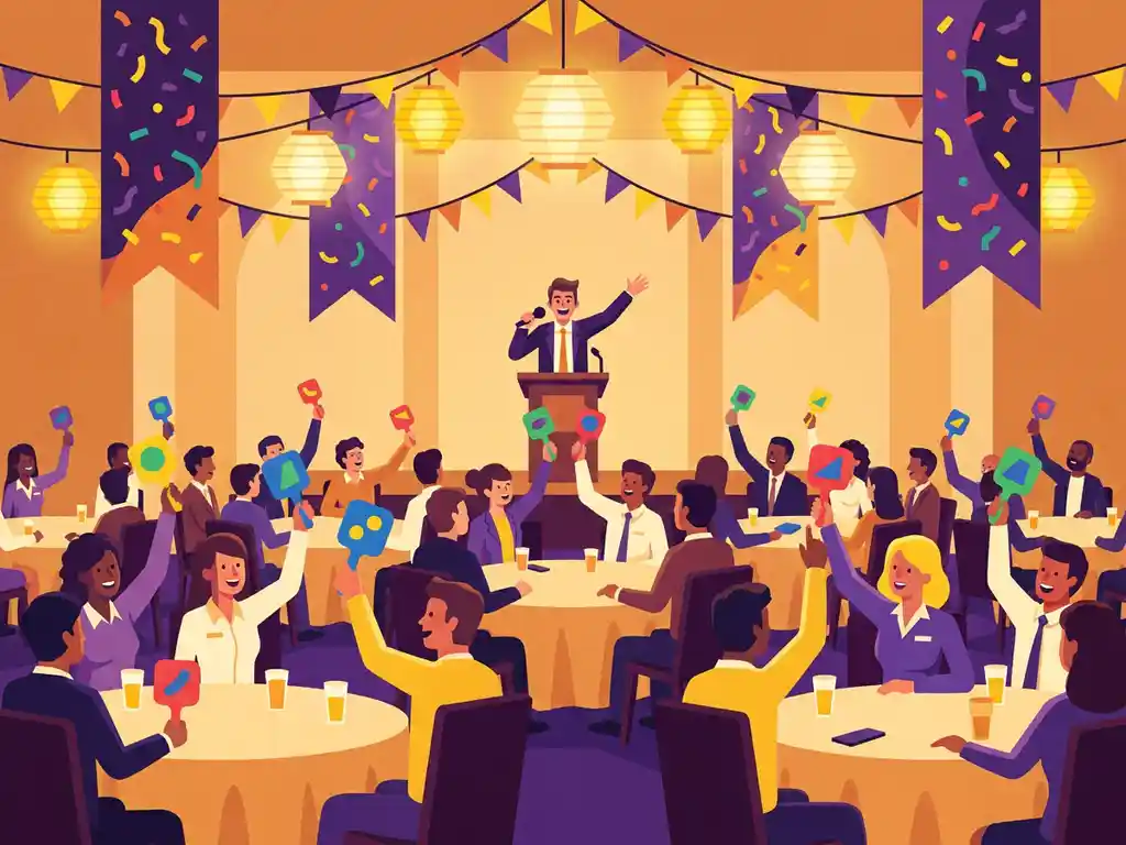 Quizmaster met microfoon voor een feestelijke banketzaal vol collega's die kleurrijke antwoordbordjes omhooghouden.