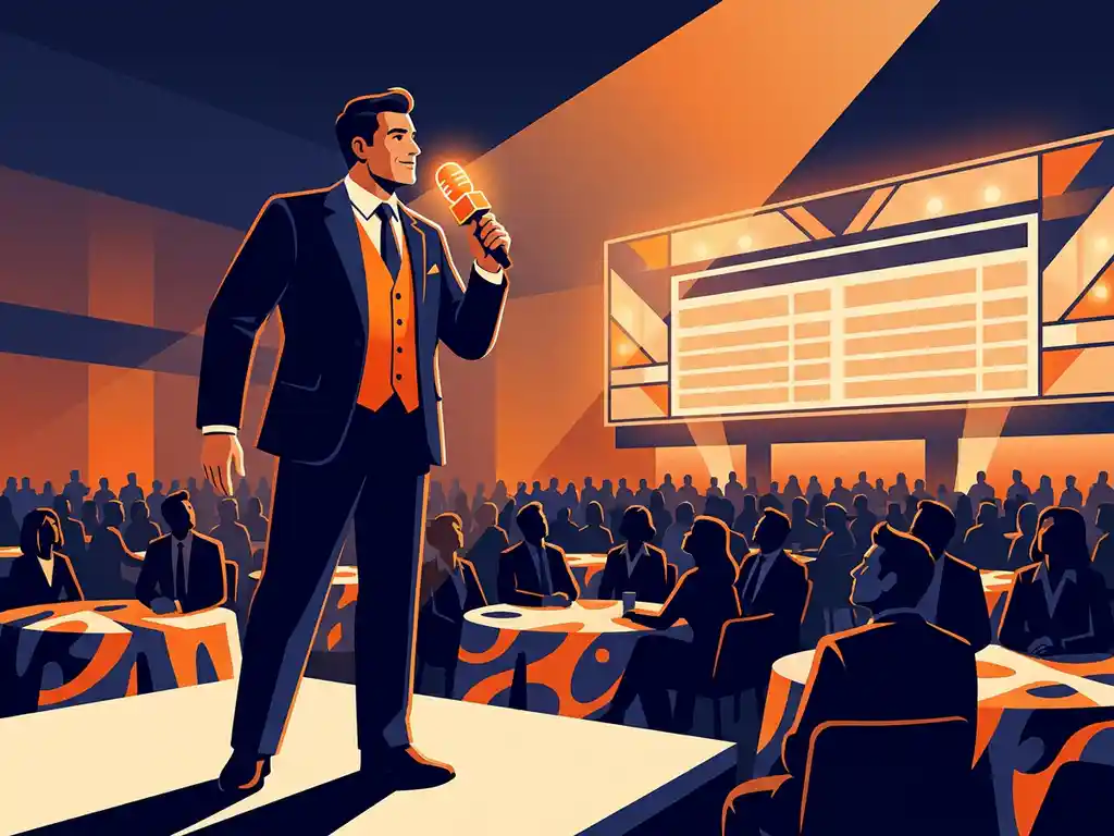 Un presentador con un micrófono luminoso en un escenario iluminado, ante cientos de empleados sentados en mesas con el logotipo de la empresa, con un marcador al fondo.