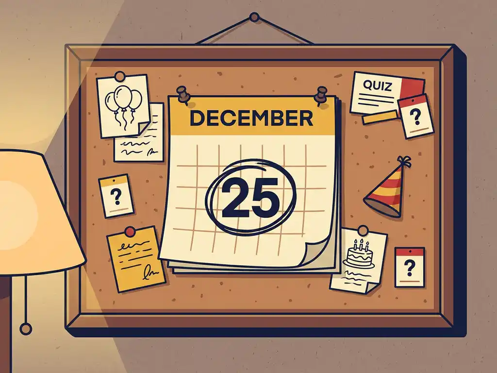 Kalender op kurkbord met december omcirkeld, omringd door feestplanningsnotities, quizkaarten en een miniatuur feestmuts in gouden en marineblauw tinten.