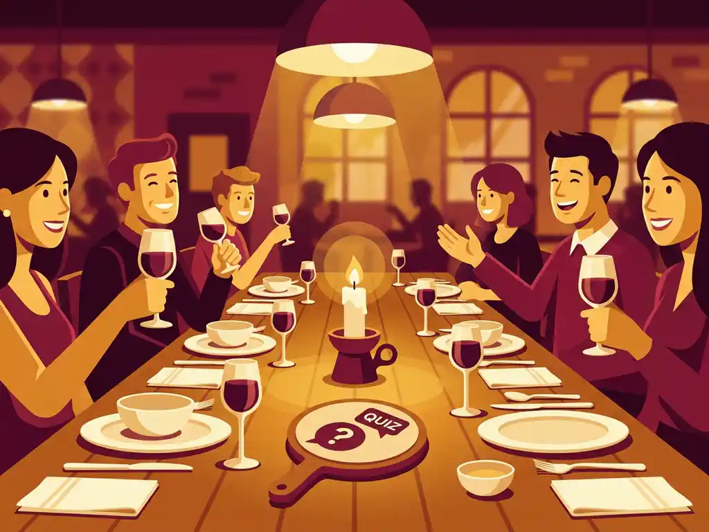 Mesa de jantar decorada de forma festiva com pratos elegantes, copos de vinho e um tabuleiro de quiz ao lado de um castiçal num restaurante acolhedor.