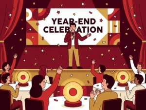 Quizmaster with microphone on a festively decorated stage during a company party, colleagues cheering at round tables with confetti.