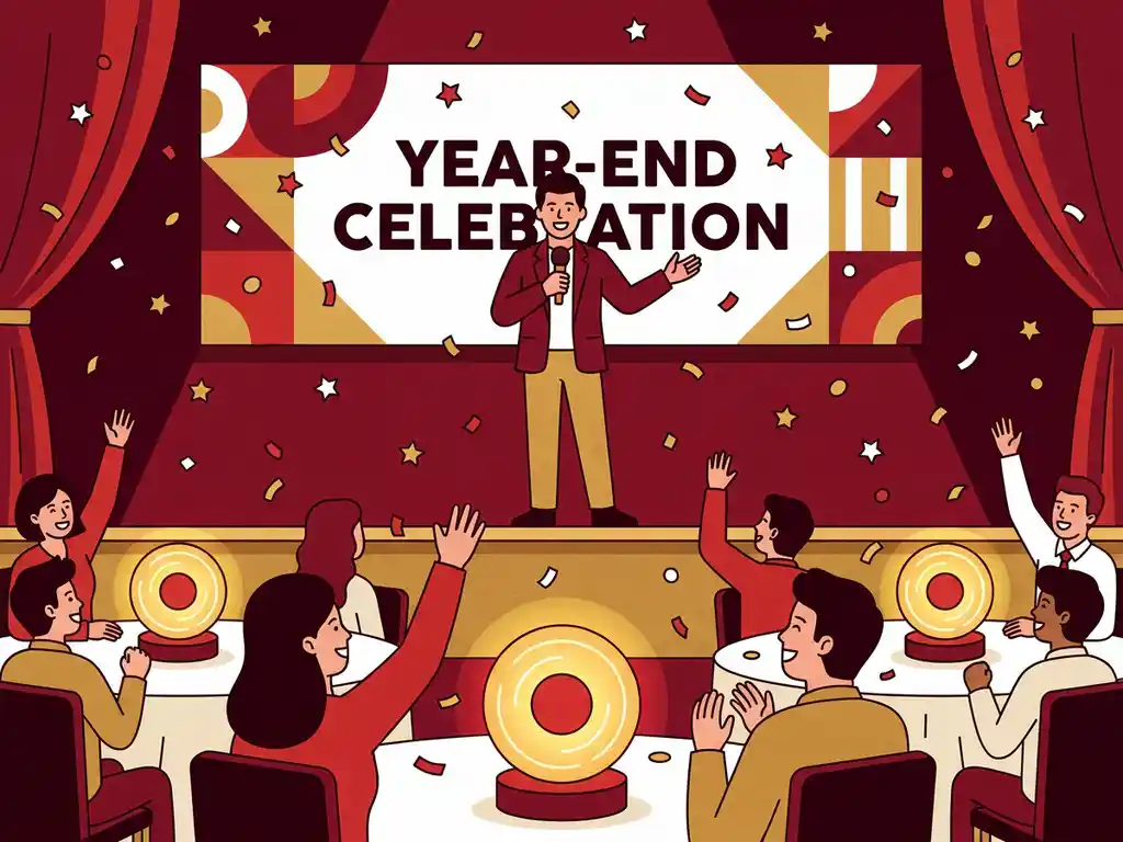 Quizmaster met microfoon op feestelijk versierd podium tijdens bedrijfsfeest, collega's juichen aan ronde tafels met confetti.