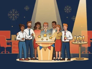 Vrolijke collega's rond een verlicht quizpodium met gouden sterren en slingers tijdens een kantoorfeest in winterse sfeer.