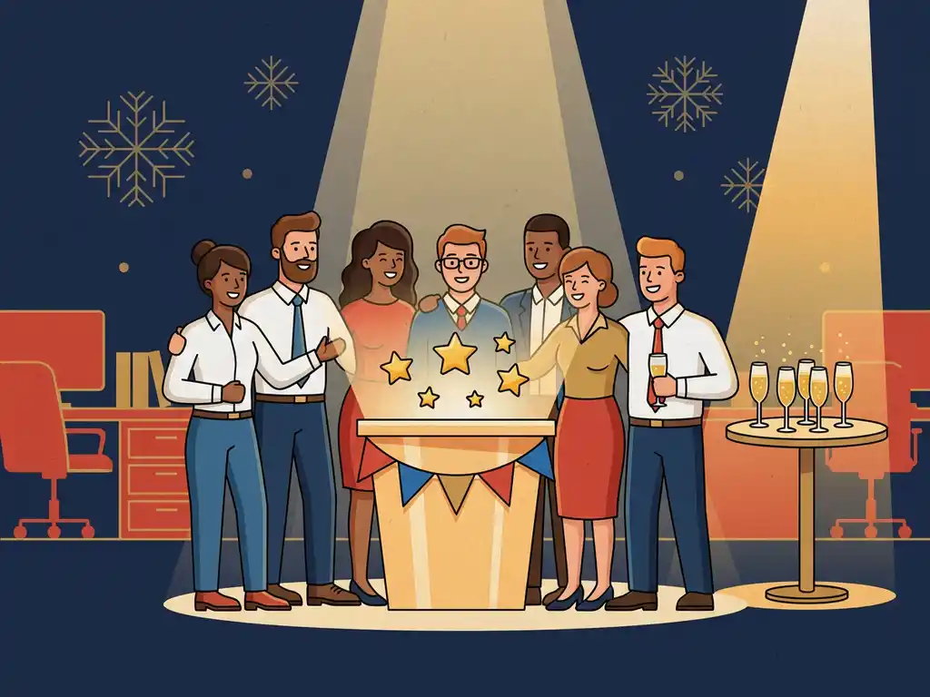 Vrolijke collega's rond een verlicht quizpodium met gouden sterren en slingers tijdens een kantoorfeest in winterse sfeer.
