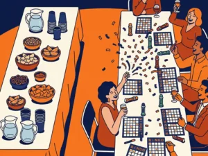 Feestelijke lange tafel met quizscorekaarten, bingostiften en opspattend confetti, collega's lachend in warm oranje en marineblauw licht.