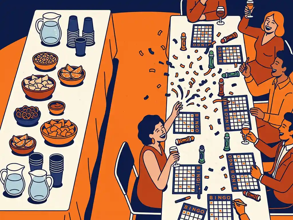 Feestelijke lange tafel met quizscorekaarten, bingostiften en opspattend confetti, collega's lachend in warm oranje en marineblauw licht.