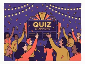 Colleagues cheer and laugh around an illuminated quiz board at an end-of-year party, with falling confetti and atmospheric fairy lights.