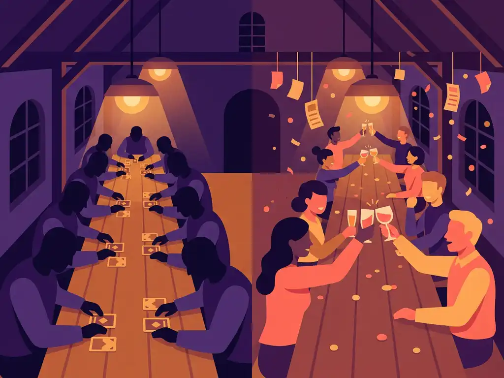 Vista aérea de una mesa larga decorada para una celebración en un recinto para eventos neerlandés, con miembros del equipo comentando las respuestas de un concurso y otros brindando con copas.
