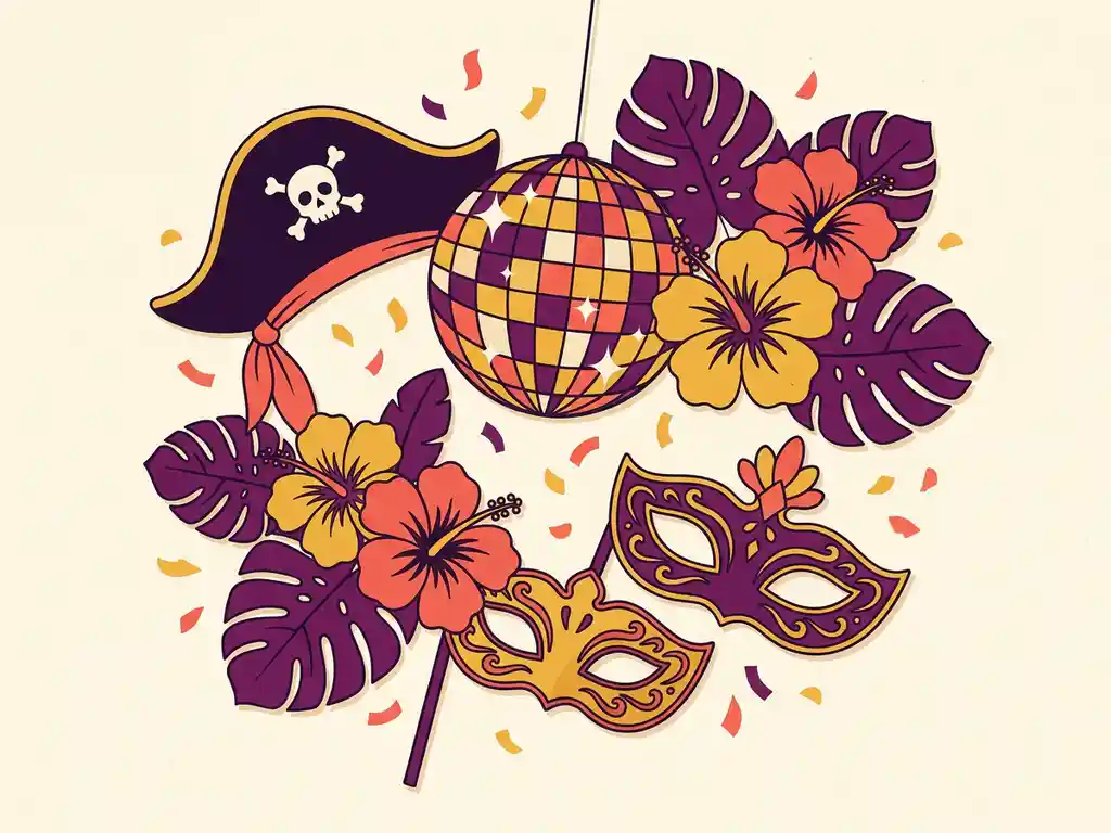 Feestelijke tafel met piratenhat, discobal, tropische bloemen en maskerade-maskers, omringd door confetti in paars, goud en koraalrood.