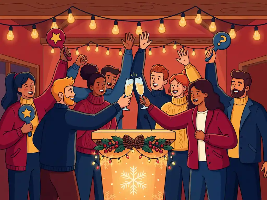 Collega's steken enthousiast hun handen op rond een verlicht quizpodium met feestelijke winterdecoratie en champagneglazen.