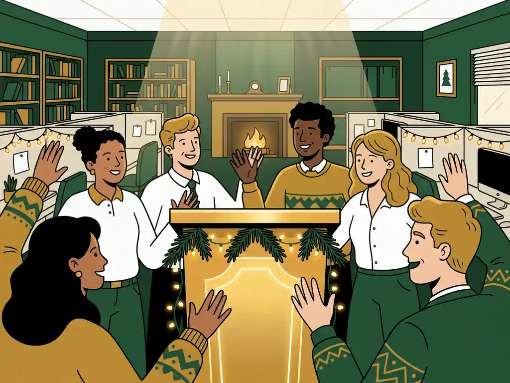 Diverse collega's rondom een feestelijk verlicht quizpodium met dennentakken en slingers, handen omhoog, gezellige kantoorsfeer.