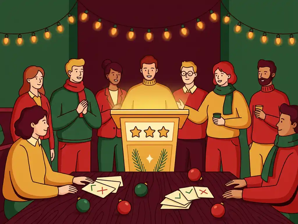 Collega's rond een verlicht quizpodium met gouden sterren en dennentakken tijdens een feestelijk kantoorkerstfeest.