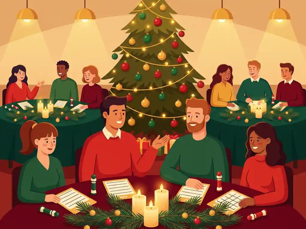 Collega's bij versierde tafels tijdens een kerstborrel, met quizkaarten en bingostiften tussen kaarsen en dennentakken, grote kerstboom op achtergrond.