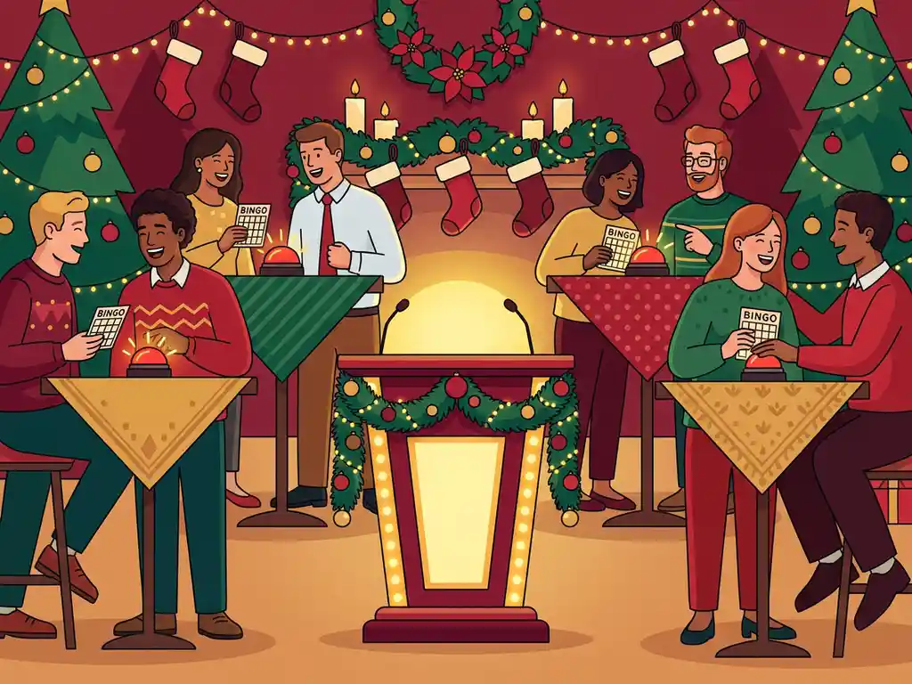 Verlichte quizpodium met kerstversiering, collega's lachen rond hoge tafels met bingokaarten tijdens een feestelijk kantoorfeest.