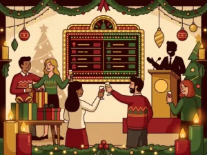 Collega's heffen glazen bij een verlicht quizbord tijdens een feestelijk kantoorfeest, met cadeaus en een quizmaster aan het podium.