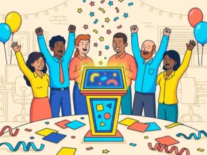 Colegas animados em torno de um palco iluminado para um quiz, com as mãos levantadas, cartões de resposta coloridos e confetes, num ambiente festivo no escritório.
