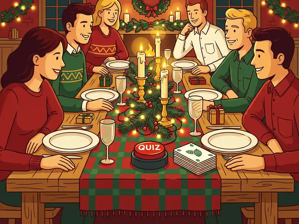 Collega's rond een kersttafel met quizbuzzer en antwoordkaarten tussen dennentakken, kaarsen en sfeerlichtjes.