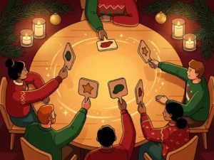 Compañeros de trabajo alrededor de una mesa de madera iluminada durante una festiva velada de concursos, con las paletas de respuestas en alto, adornos navideños con ramas de pino y velas.