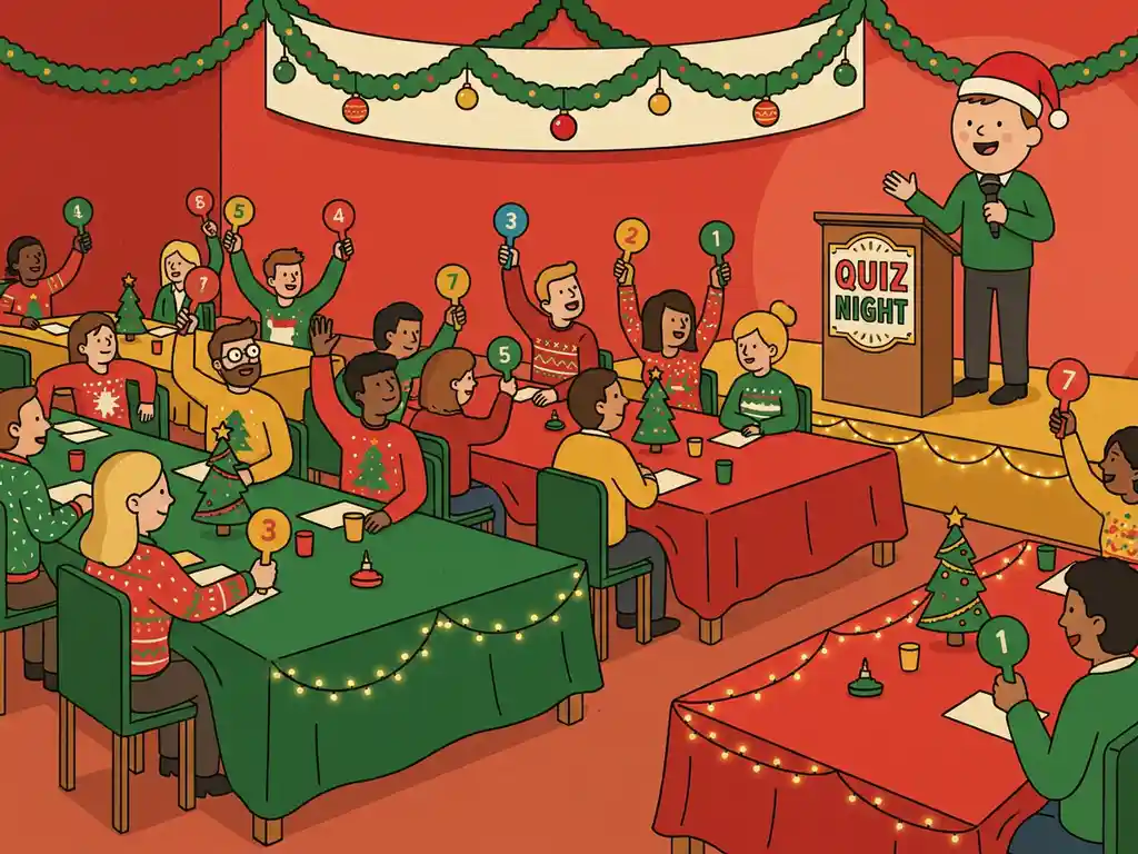 Collega's heffen antwoordpaddels tijdens een feestelijke kerstquiz aan tafels versierd met kerstballen en slingers.