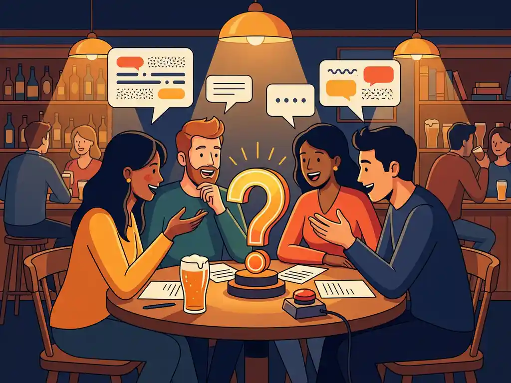 Groep vrienden leunt enthousiast over een pub quiz-tafel met antwoordformulieren, bierglas en buzzer in een gezellige bar.