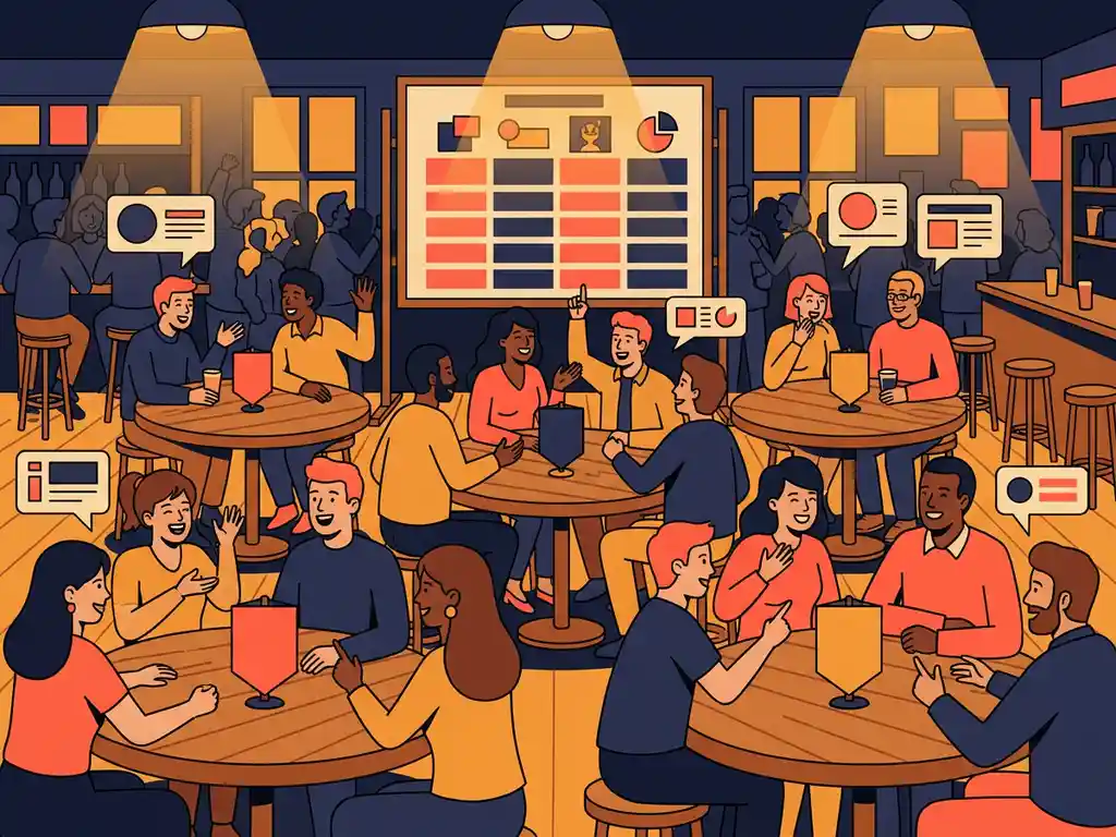 Bruisende pubquiz met diverse teams aan ronde tafels, kleurgecodeerde markers en scorebord vooraan in warm amberlight.