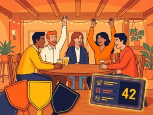 Colleagues cheering enthusiastically around a pub quiz table with colourful answer paddles and an illuminated scoreboard, vector illustration in orange, navy and yellow.