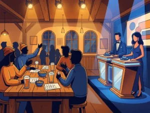 Mesa de quiz de bar com folhas de respostas e canecas de cerveja ao lado de um palco iluminado para o quiz, com botões de resposta banhados por uma luz quente âmbar e azul.