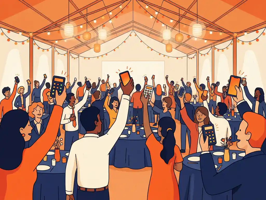 Menigte op een evenement met smartphones en stemkastjes omhoog in de lucht, kleurrijke sfeerverlichting, vectorillustratie in oranje en marineblauw.