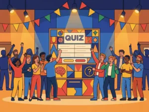 Participantes entusiasmados levantam as mãos durante uma animada noite de quiz com um tabuleiro de quiz com a marca da empresa, numa sala com iluminação festiva.