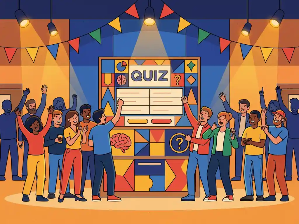 Enthousiaste deelnemers steken hun handen op tijdens een levendige quizavond met een branded quizbord in een feestelijk verlichte zaal.