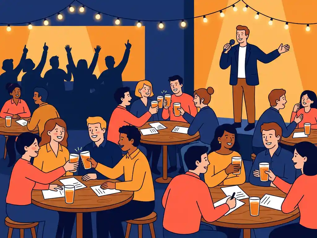 Un presentador con micrófono dirige un concurso de preguntas y respuestas en un bar para empresas; los compañeros de trabajo, sentados en mesas redondas con hojas de respuestas y bebidas; iluminación ambiental.