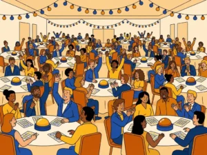 Diverse menigte aan ronde tafels in feestelijke zaal met handen omhoog, quizbuzzers en bingokaarten, levendige vectorillustratie.