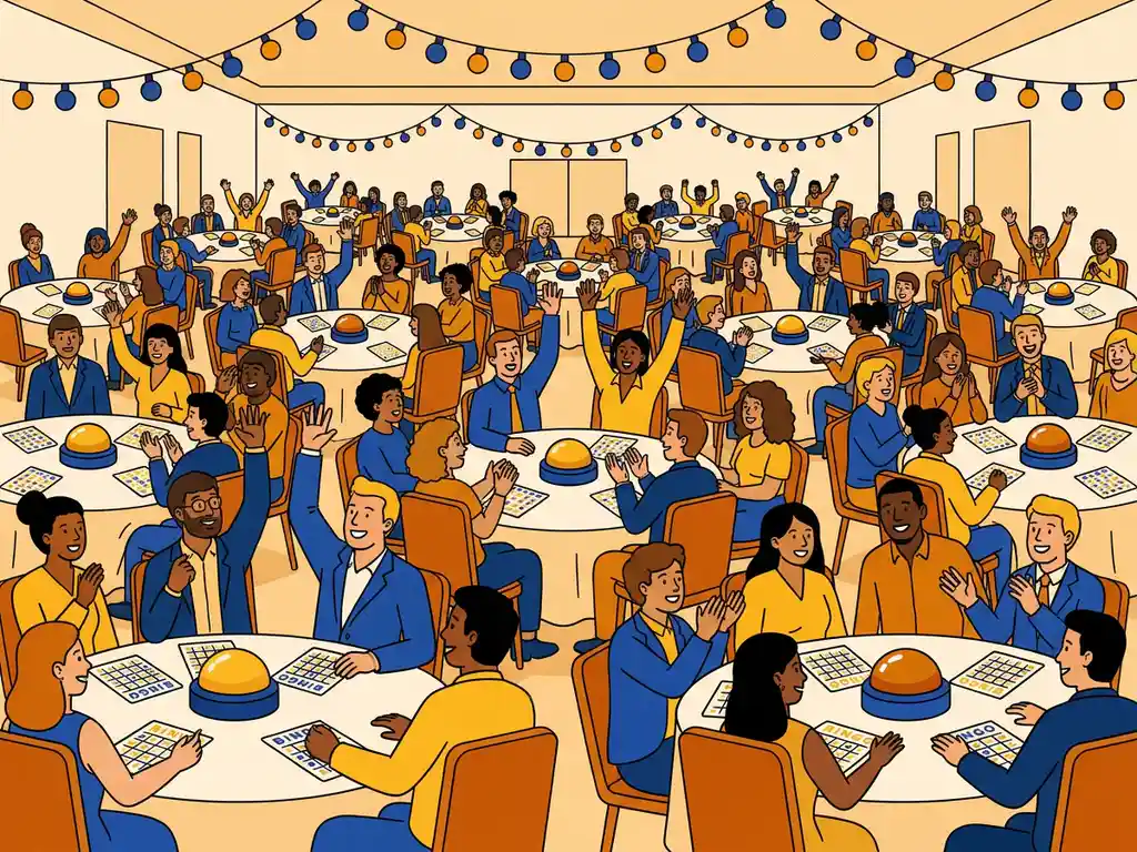 Diverse menigte aan ronde tafels in feestelijke zaal met handen omhoog, quizbuzzers en bingokaarten, levendige vectorillustratie.