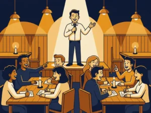Um apresentador com microfone conduz um quiz num café acolhedor à luz das velas, com equipas sentadas em mesas de madeira e folhas de respostas.