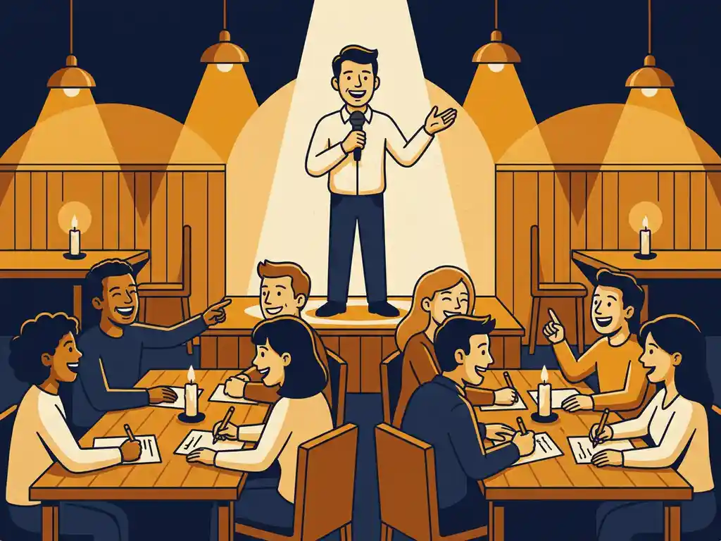 Quizmaster met microfoon leidt een pubquiz in een gezellig café met kaarslicht, teams aan houten tafels met antwoordbladen.
