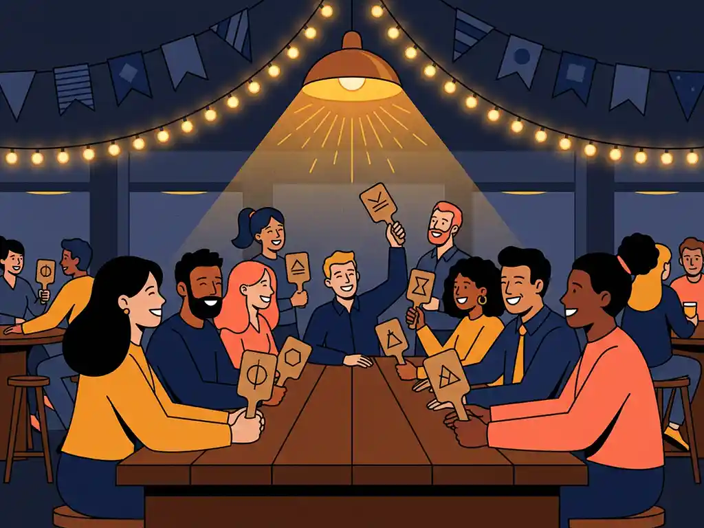 Diverse Kollegen lachen zusammen während eines Kneipenquiz, Quizpaddels nach oben, Luftschlangen und Stimmungsbeleuchtung im Hintergrund.