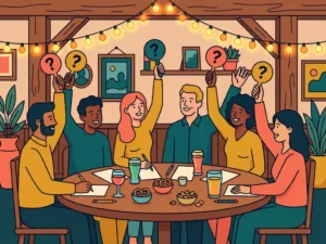 Colleagues enthusiastically holding up answer paddles during a pub quiz, with drinks and snacks on a wooden table beneath atmospheric fairy lights.