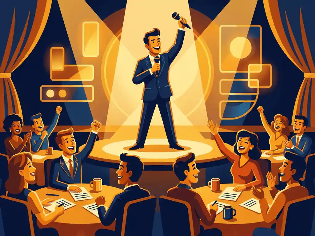 Zelfverzekerde quizmaster met microfoon op verlicht podium, publiek aan ronde tafels met antwoordformulieren in marineblauw-amberkleurige zaal.