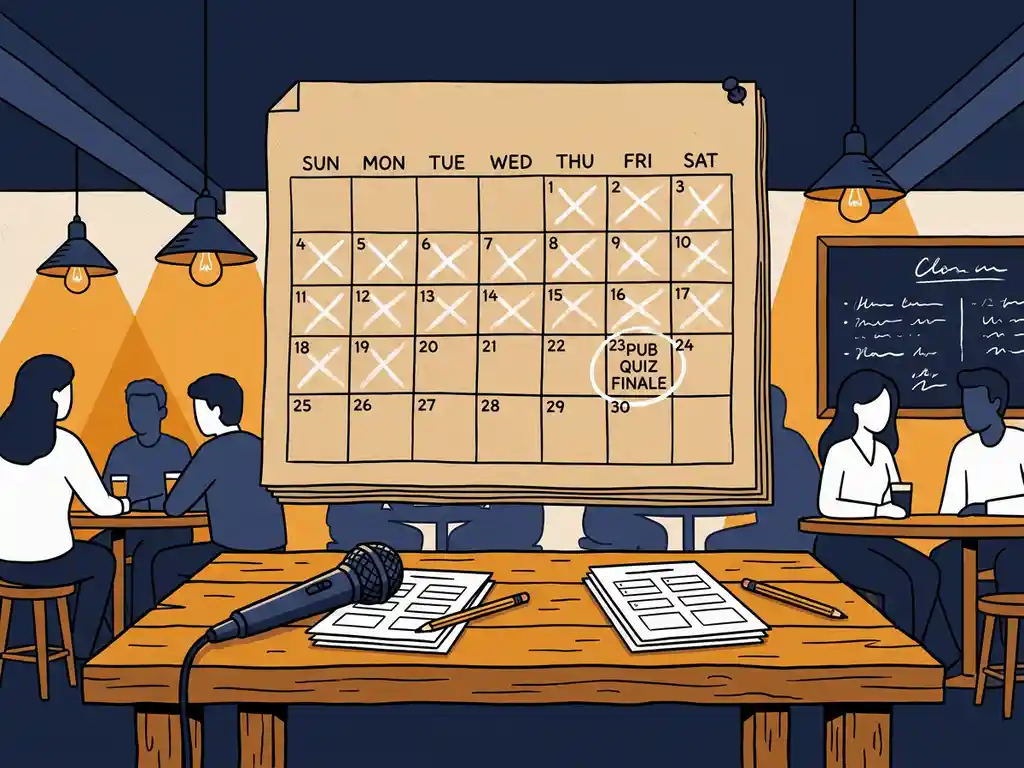 Wandkalender mit X-Markierungen über einem Kneipenquiz-Tisch mit Mikrofon und Antwortbögen, stimmungsvolles Interieur in Bernstein und Marineblau.