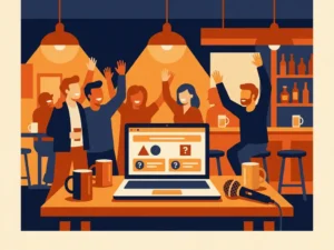Mesa de quiz de bar com um portátil no qual se vê uma interface virtual de quiz, um microfone ao lado e uma luz quente de cor âmbar.