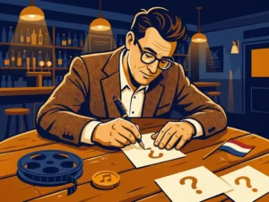 O apresentador do quiz escreve perguntas em cartões afixados numa mesa de putt de madeira, rodeada por bobinas de filme, notas musicais e uma bandeira holandesa.
