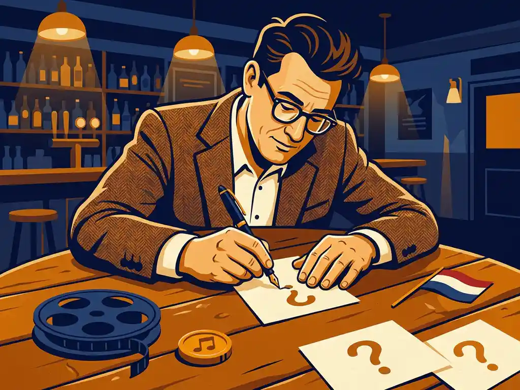 Quizmaster schrijft vragen op kaarten aan een houten puttafel, omringd door filmspoel, muzieknoot en Nederlandse vlag.