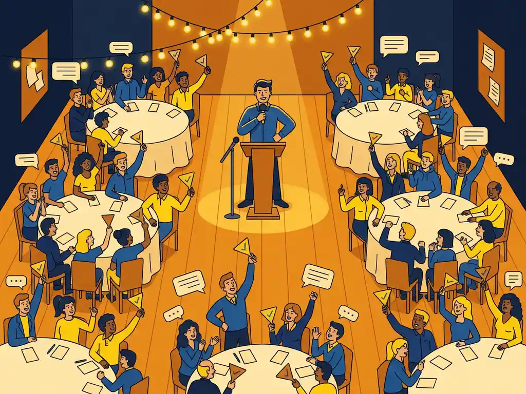 Quizmaster met microfoon aan podium leidt drukke pubquiz, teams aan ronde tafels heffen antwoordpaddels onder sfeervol lichtsnoer.
