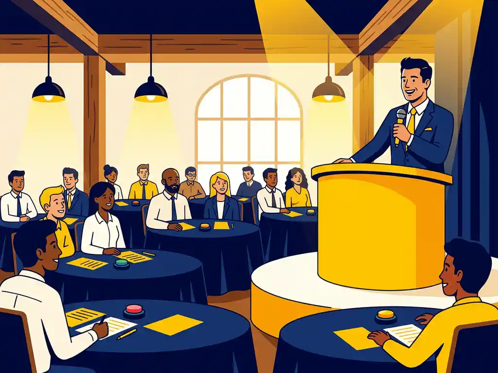 Quizmaster achter podium met microfoon voor kantoormedewerkers aan ronde tafels met antwoordbladen en buzzer in sfeervolle evenementenlocatie.